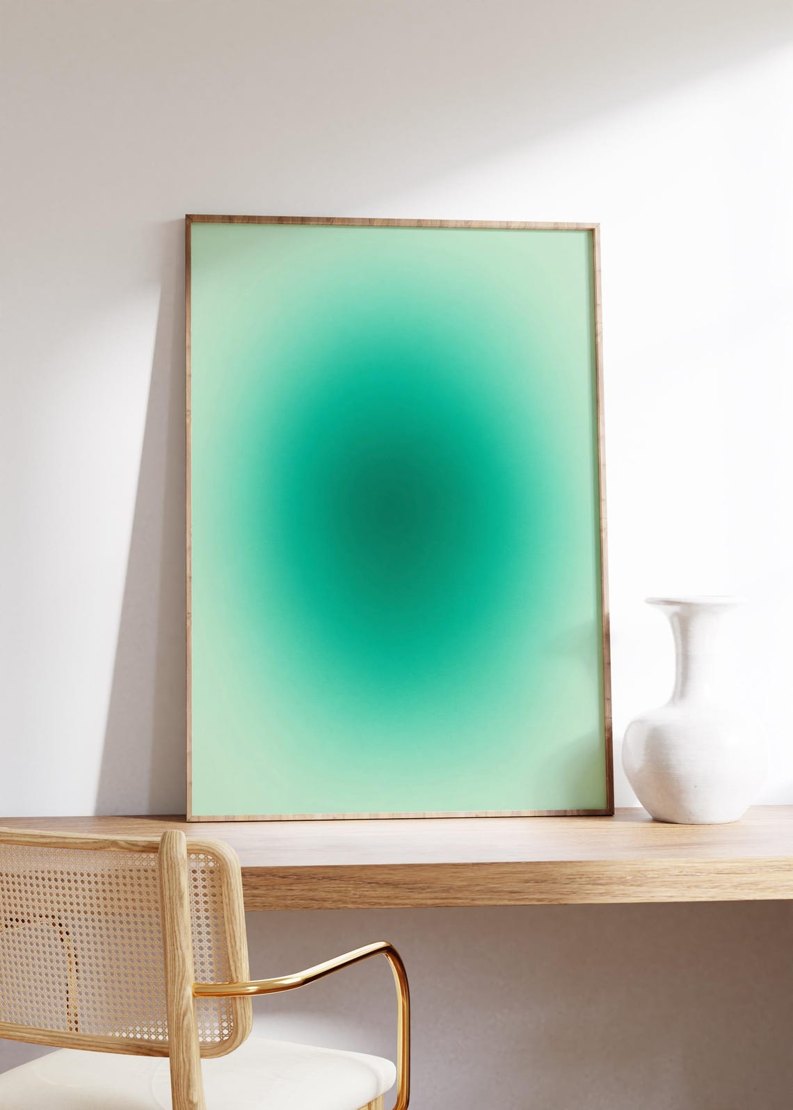 Deep Emerald Green Glow Radiating to Mint Edges Abstract Wall Art