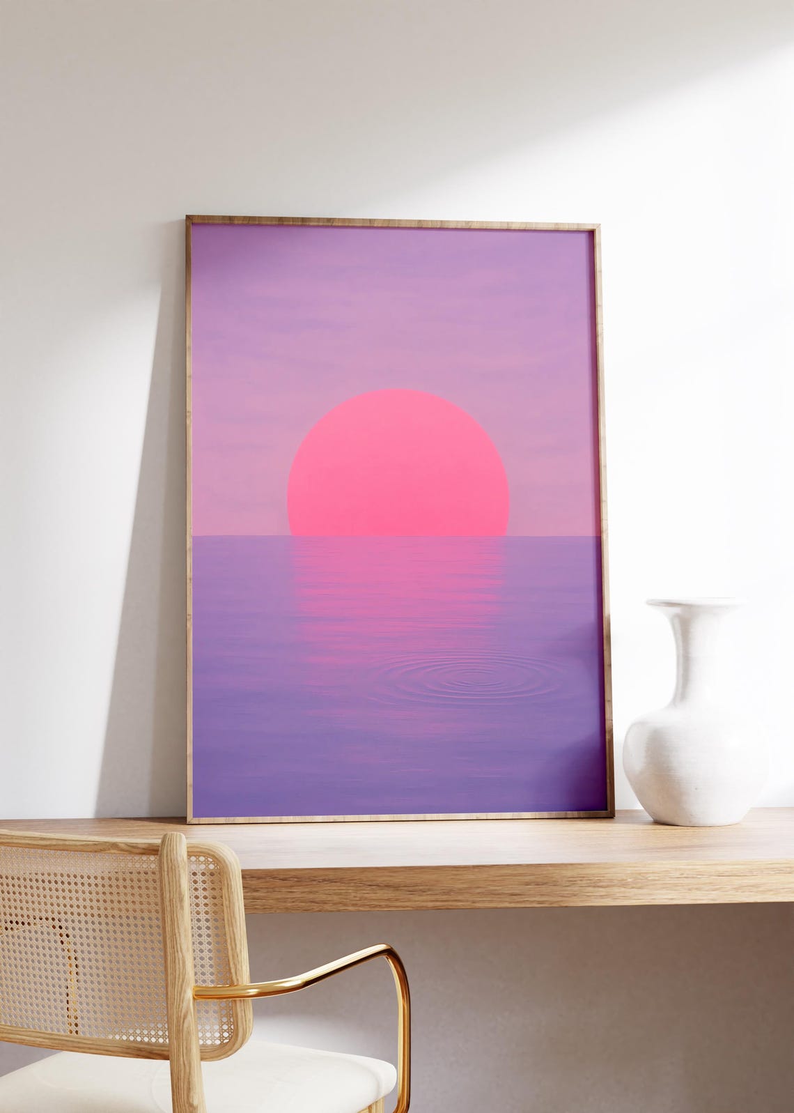 Giant Pink Sun Setting Over Calm Purple Ocean Minimalist Poster