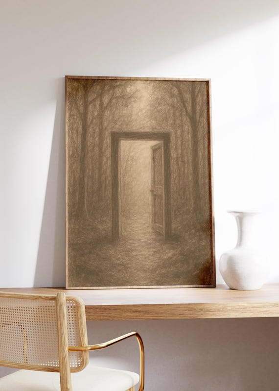 Forest Doorway Wall Art Print Surreal Woods Sepia Open Door Sketch Eerie Vibe Moody Nature Dreamlike Scene Pencil Drawing