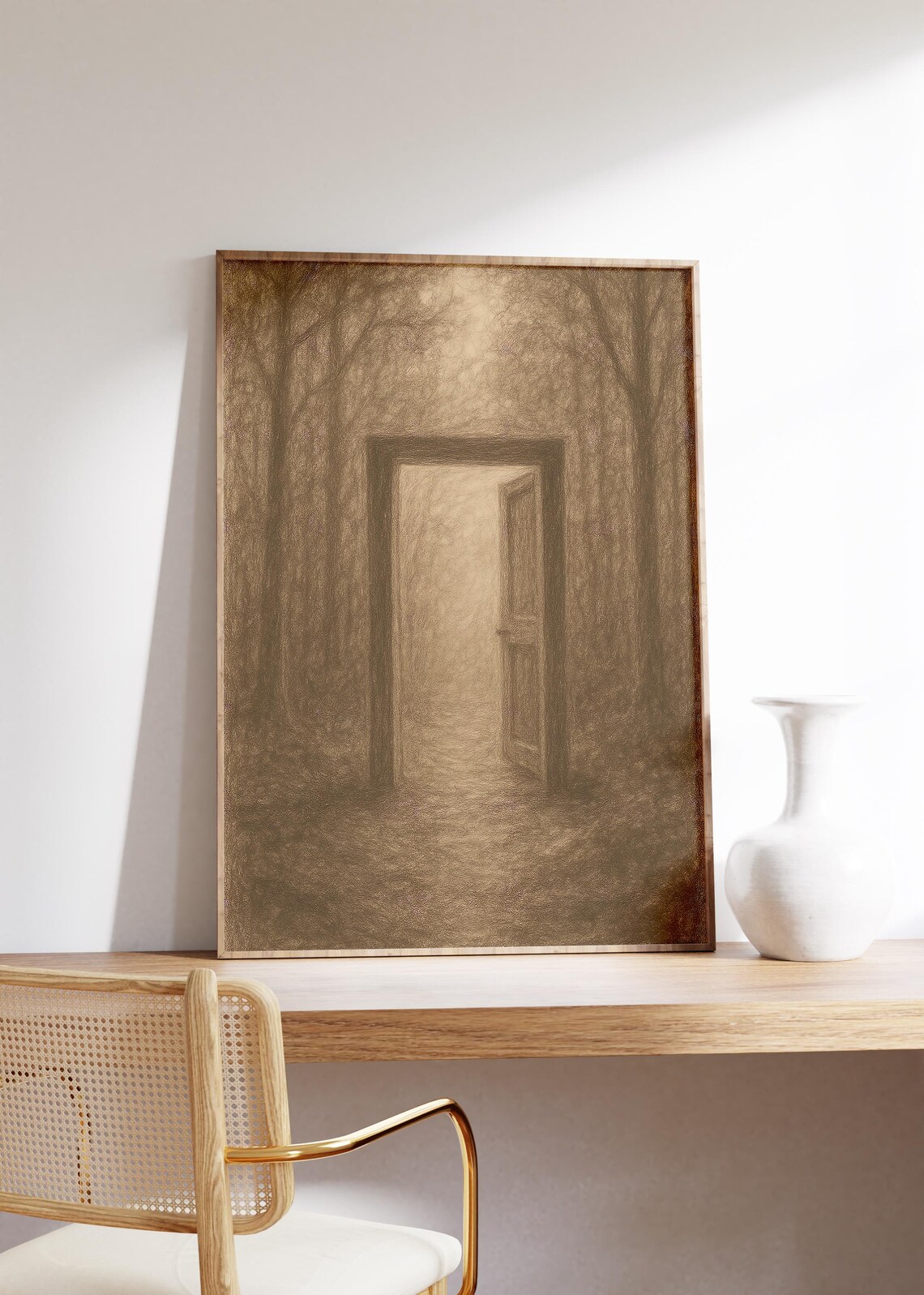 Open Doorway standing Alone in Misty Forest Surreal Sepia Poster