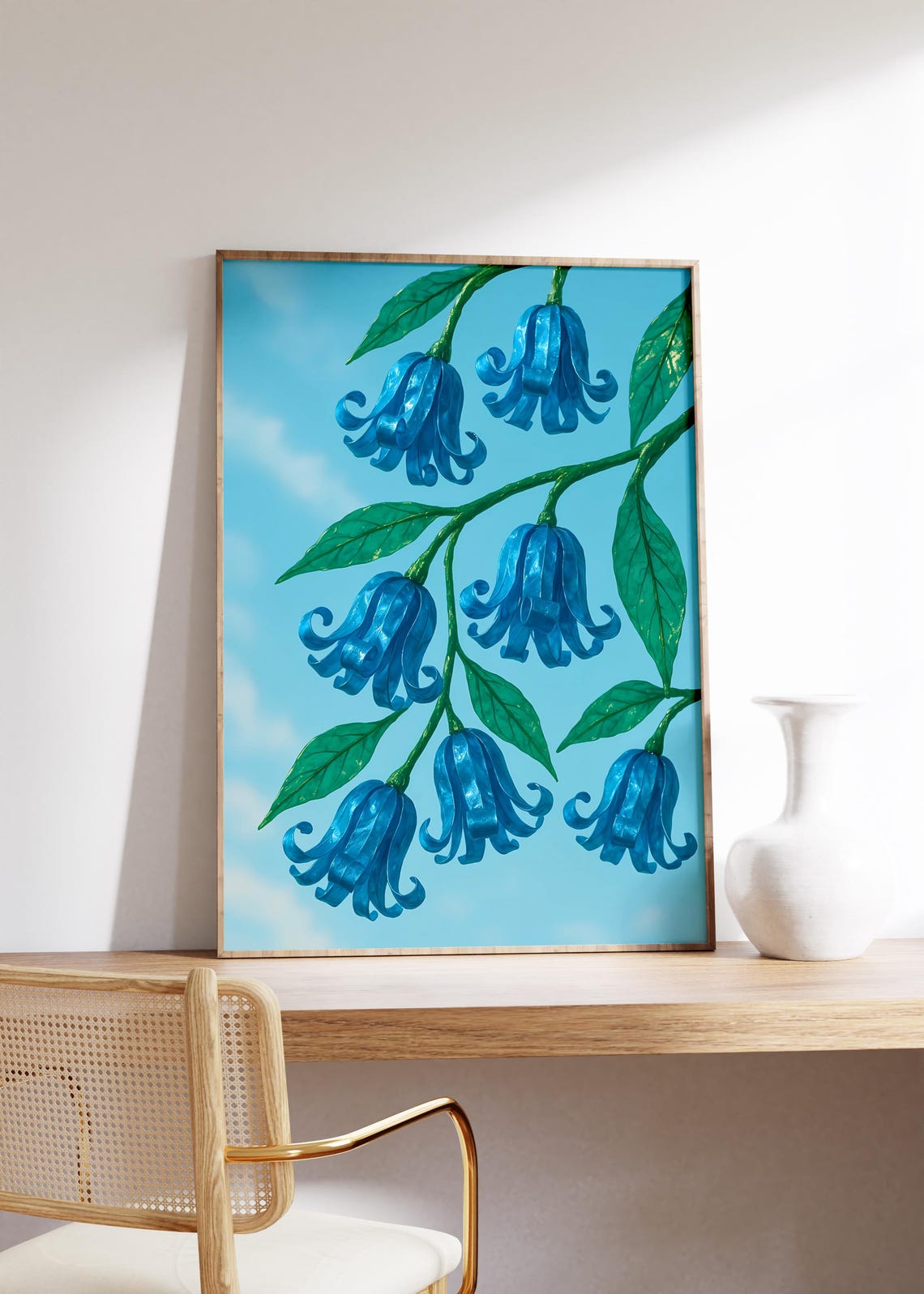 Blue Bluebell Flowers Curled Ribbon Petals Sky Background Poster