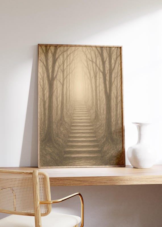 Foggy Forest Staircase Wall Art Print Sepia Sketch Misty Woods Eerie Trees Pencil Texture Surreal Path Quiet Mood Nature Scene
