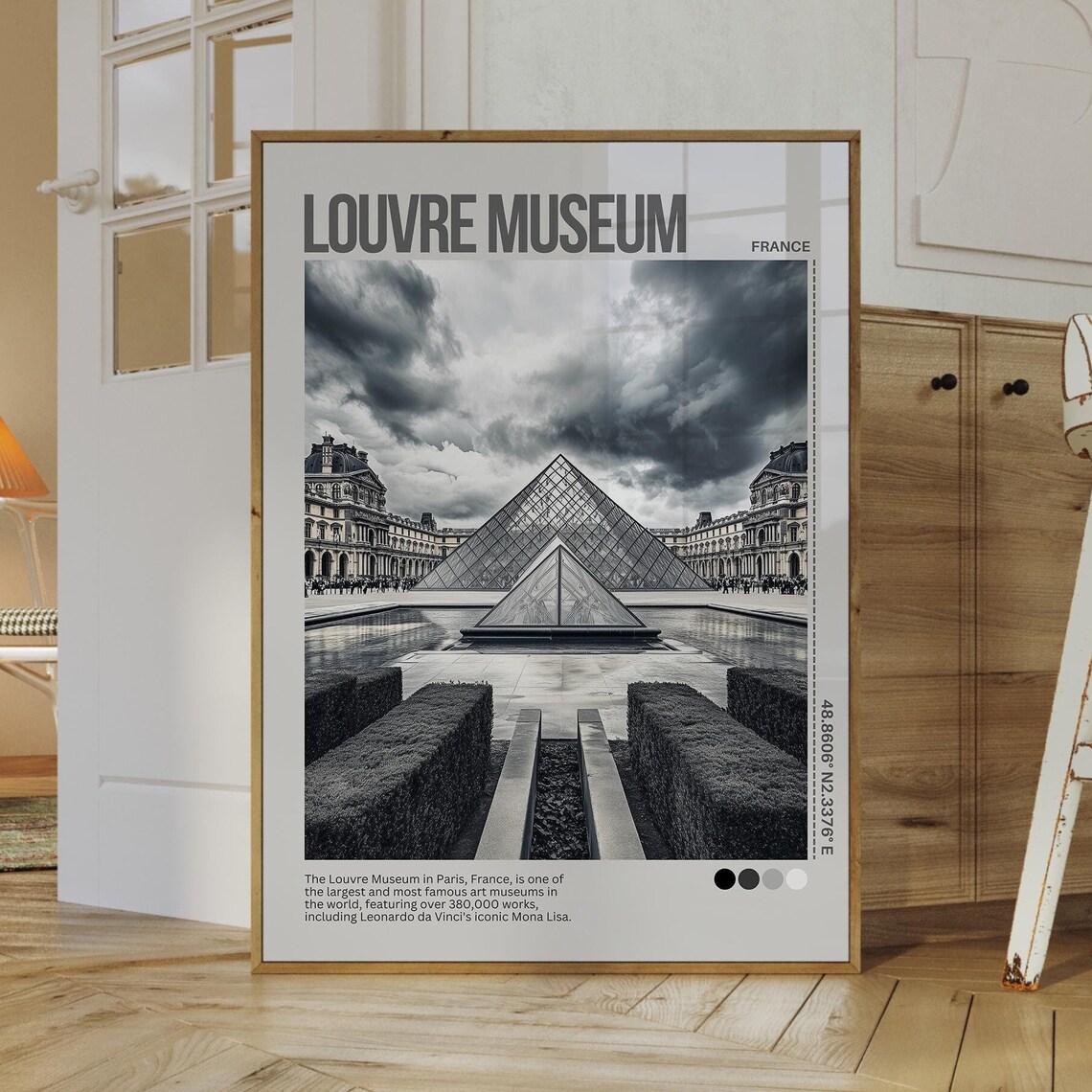 Louvre Museum Paris Pyramid Black White Photography Travel Poster