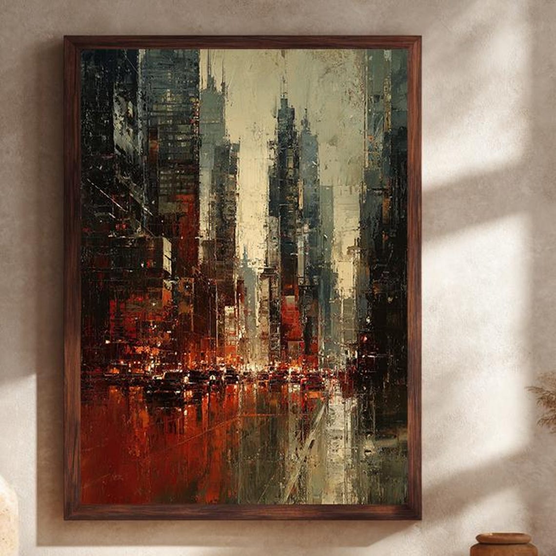 Abstract City Skyline Night Lights Textured Brushstroke Wall Art