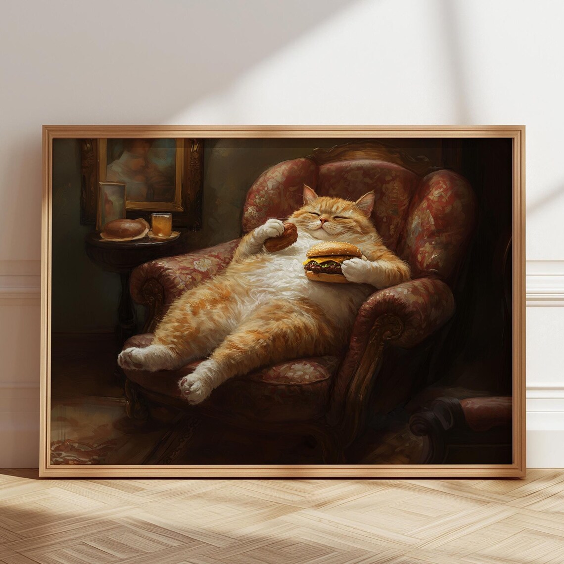 Chubby Orange Cat Eating Burger in Armchair Funny Vintage Art Poster