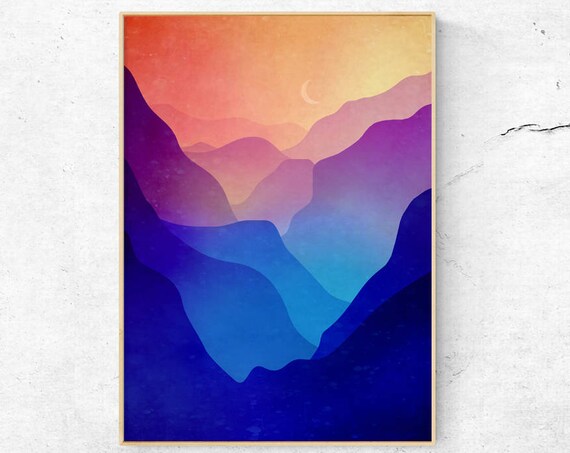 Sunset Valley With Mountains Landscape Art Print