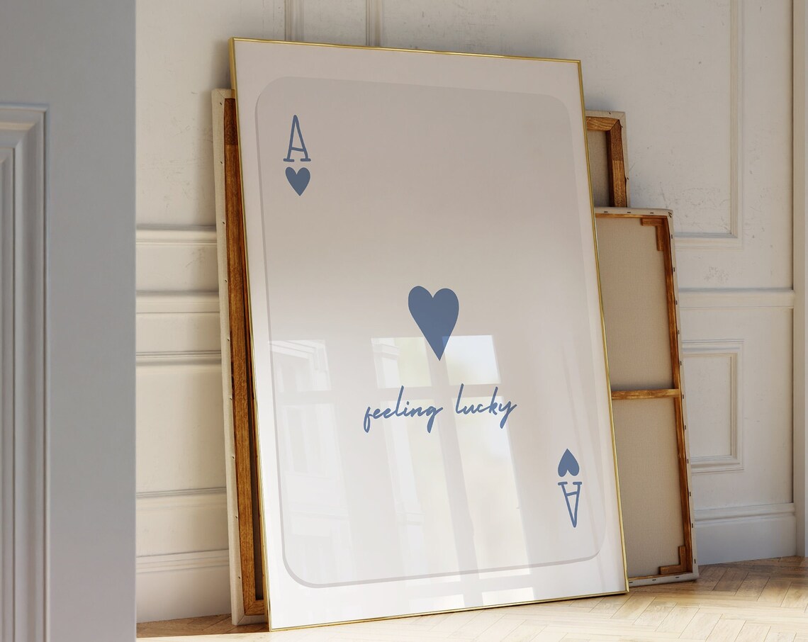 Lucky Girl Print, Blue Ace Of Hearts Retro Art Print