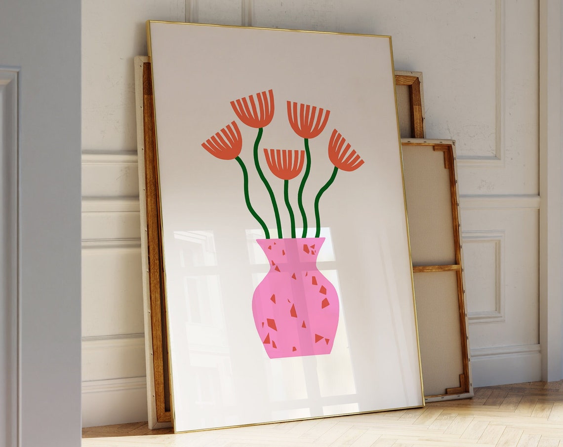 Pink Vase With Orange Bloom Modern Floral Minimalist Art Poster