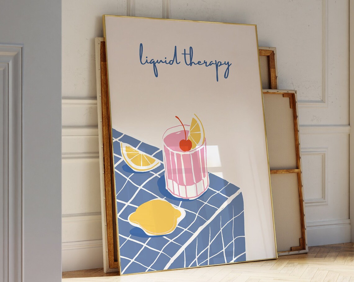 Liquid Therapy Pink Cocktail Illustration on Blue Checkered Table Poster