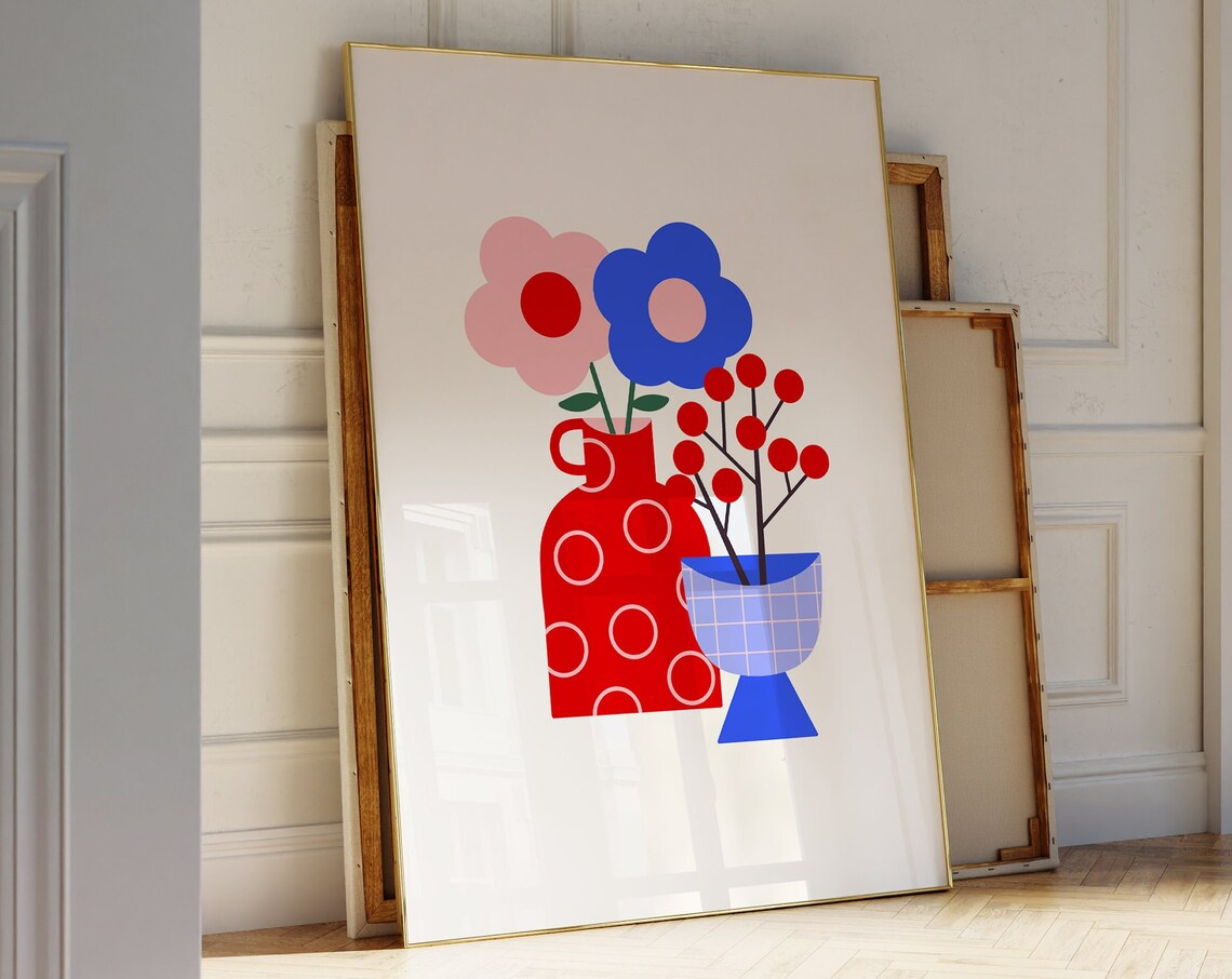 Bold Abstract Daisies And Berries In Vases Modern Floral Print