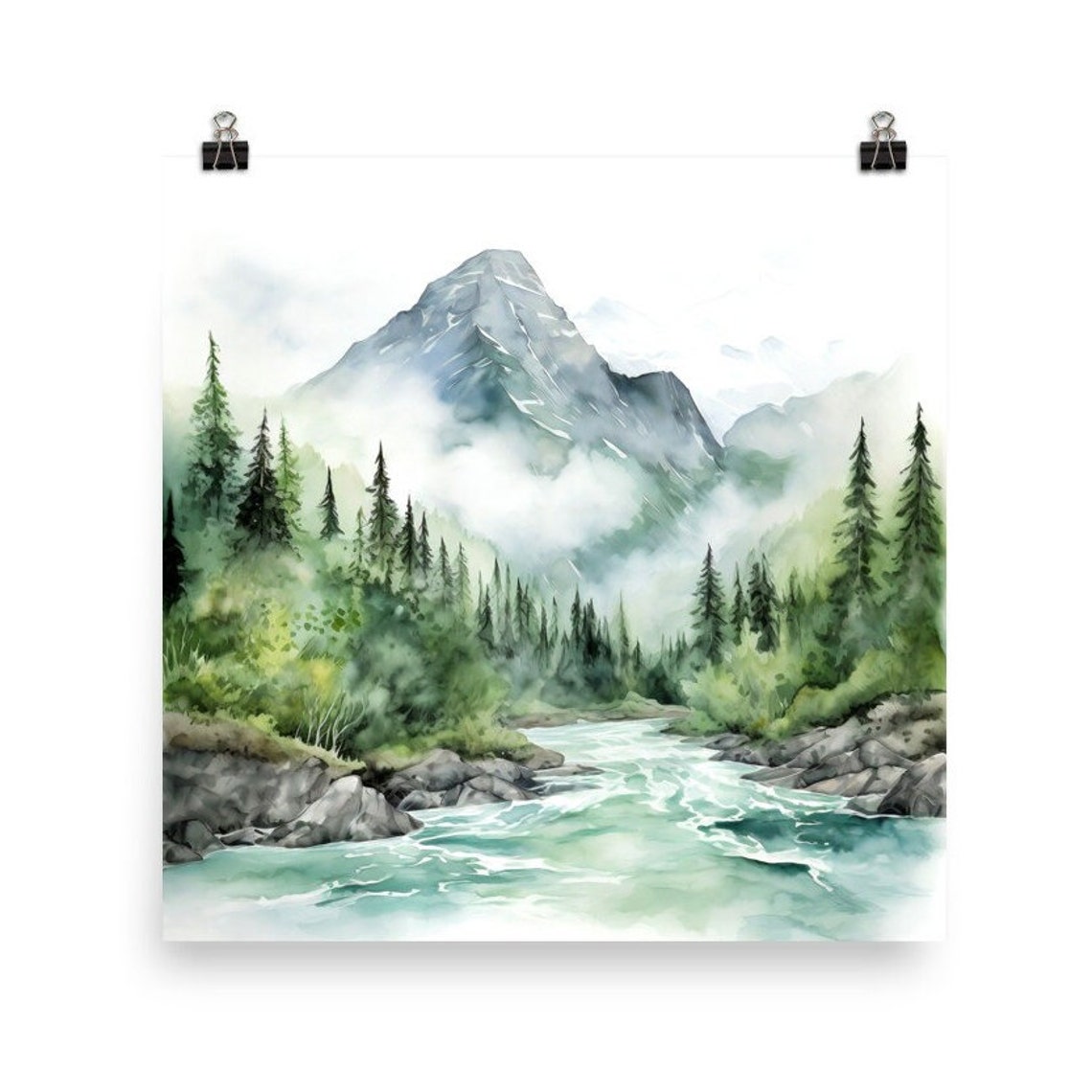 Misty Mountain Peak Watercolor with Pine Forest and River Print - Image 4