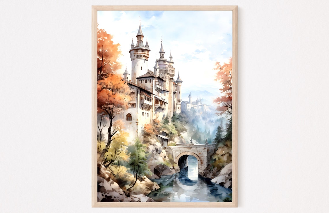 Fairytale Castle Watercolor with Stone Bridge River and Trees Poster