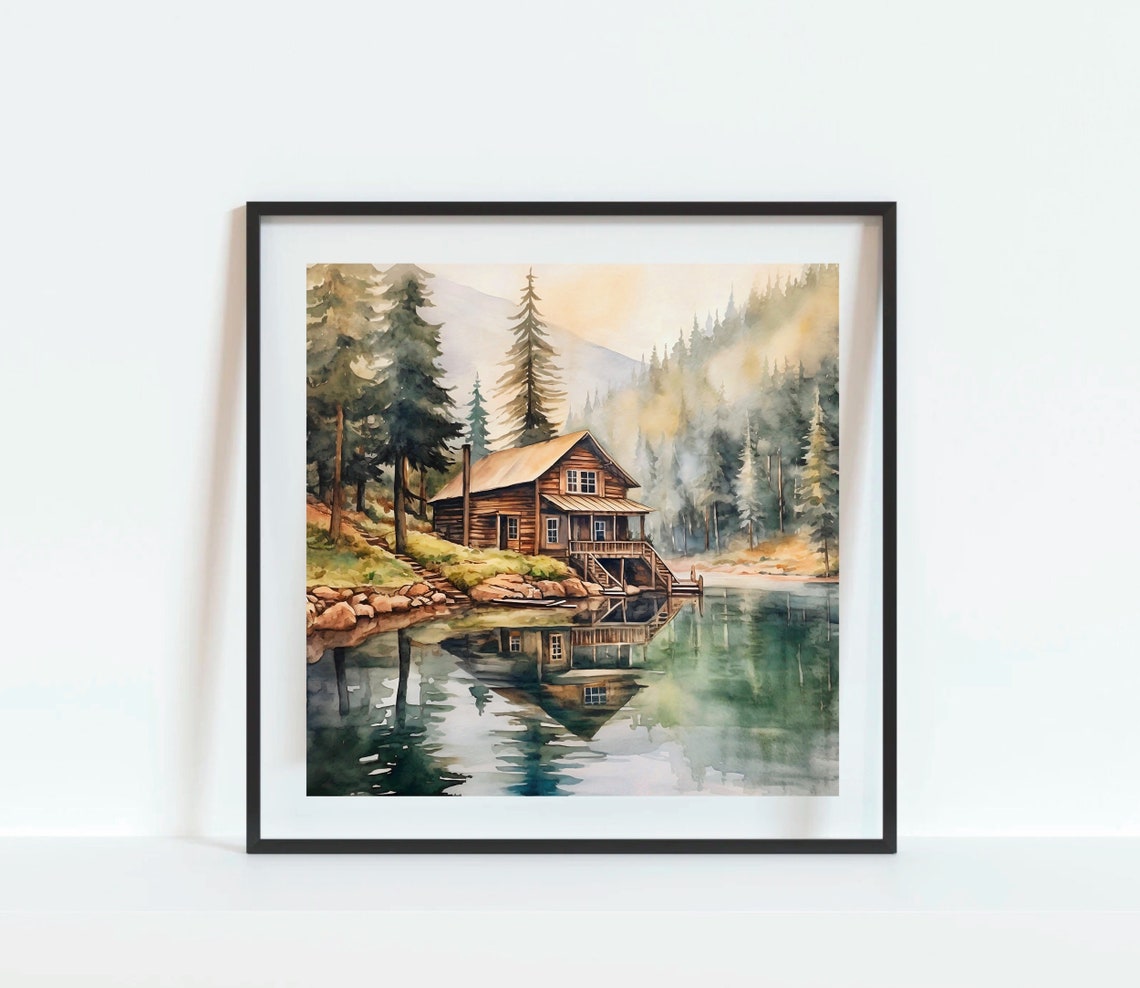 Log Cabin On Mountain Lake Reflection Pine Forest Watercolor Poster - Image 2