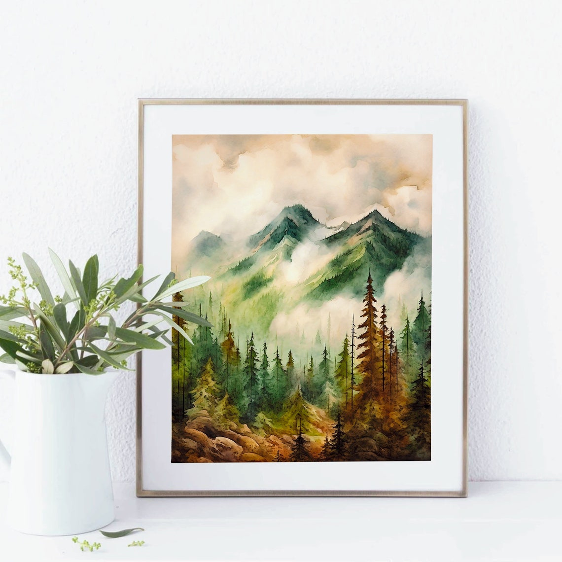 Misty Green Mountain Valley Pine Forest Sunrise Watercolor Poster - Image 2
