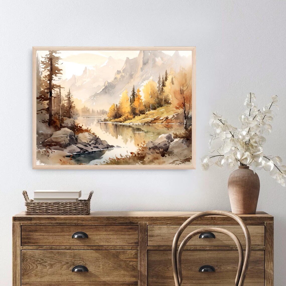 Autumn Mountain Lake with Golden Trees Watercolor Landscape Poster - Image 3