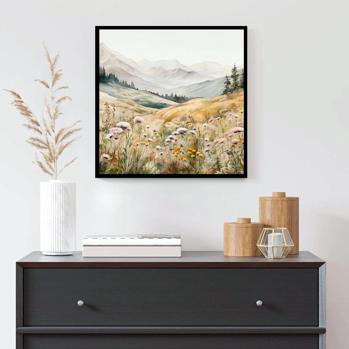 Golden Wildflower Meadow Distant Mountain Peaks Watercolor Poster - Image 2