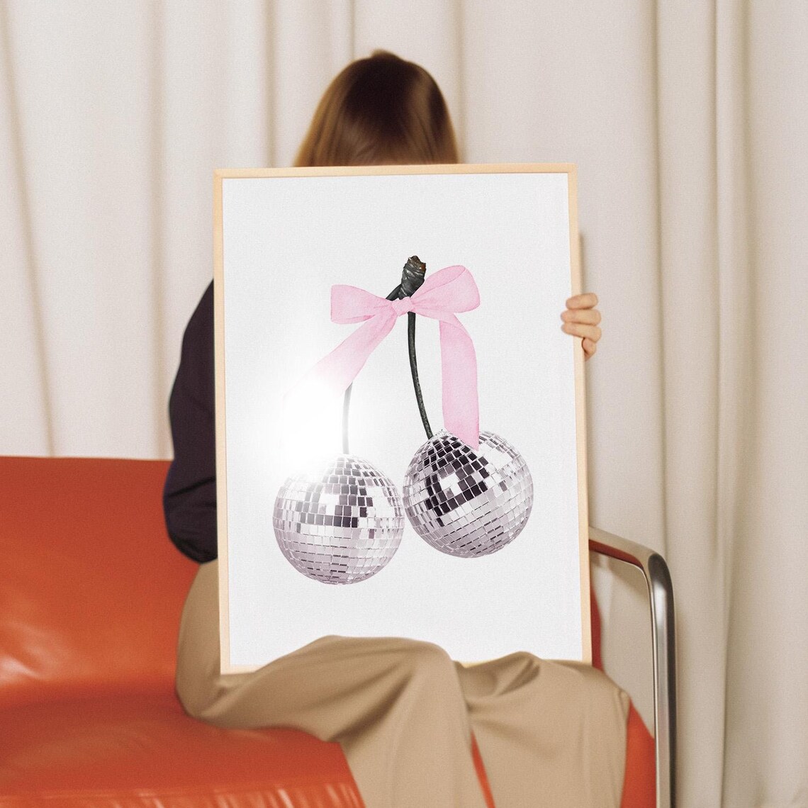Pink Disco Ball Cherries With Bow Fun Trendy Coquette Poster