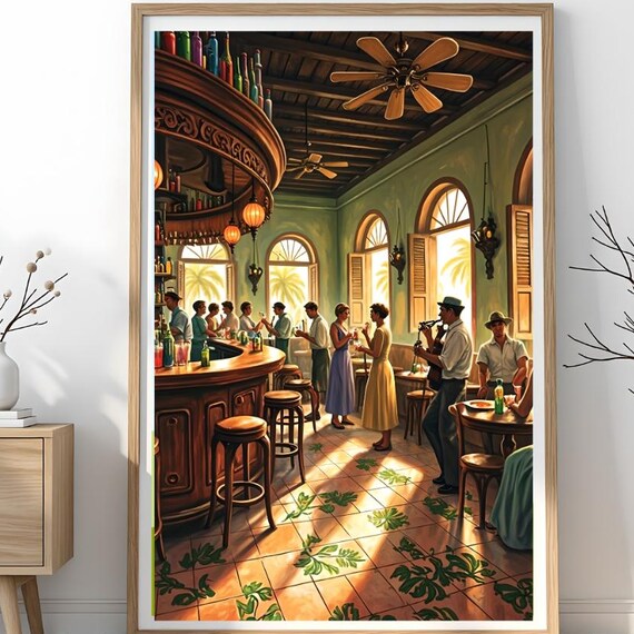 Vintage Havana Bar Tropical Cafe Interior Retro Cuban Travel Poster