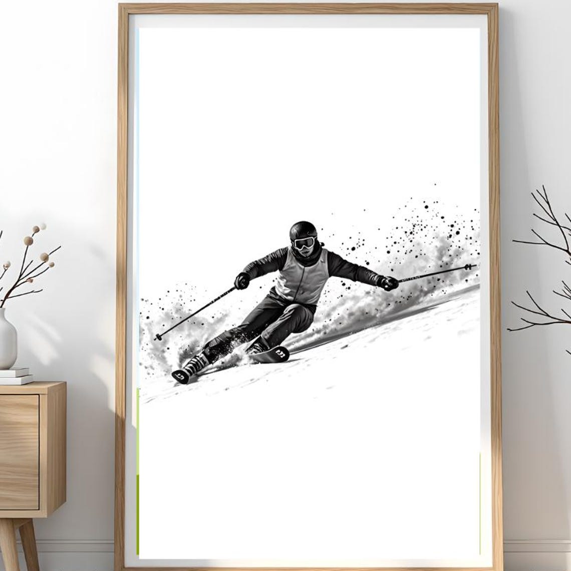 Alpine Skier Winter Carving Turn Black And White Snow Spray Poster