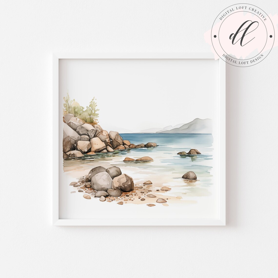Watercolor Rocky Beach Cove with Mountains Serene Seascape Poster - Image 2
