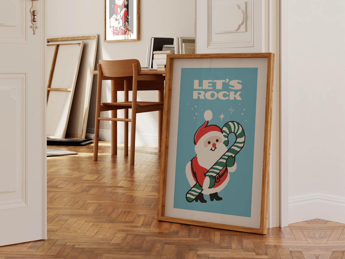 Lets Rock Retro Santa Candy Cane Christmas Illustration Poster - Image 2
