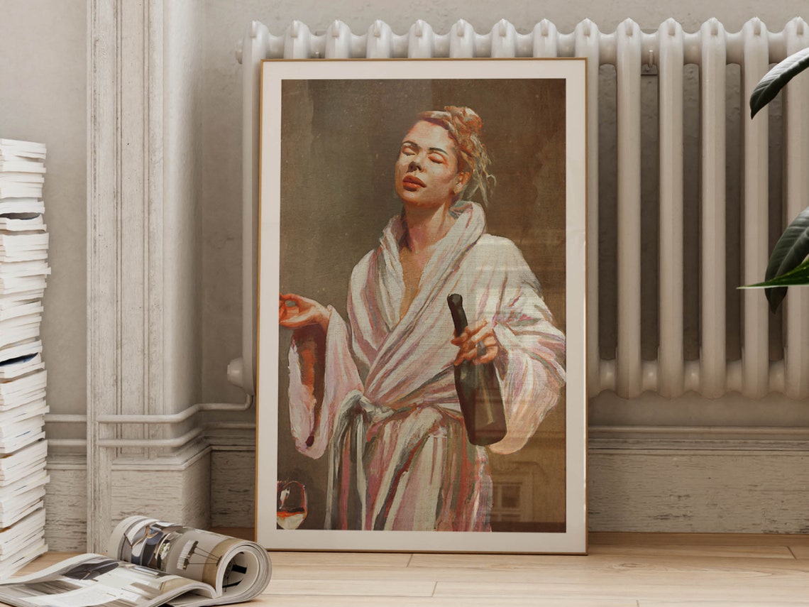 Woman in Bathrobe Wine Bottle Self Care Funny Bathroom Poster - Image 3