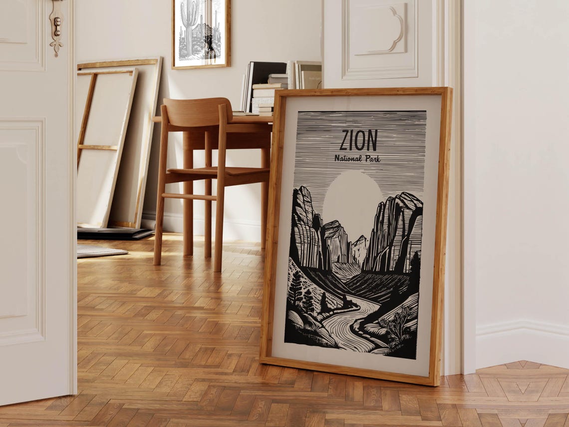 Woodcut Zion Travel Print Retro Zion Art Wall Decor Southwest Utah Travel Wall Art Canyons Outdoorsy Gift For Traveler