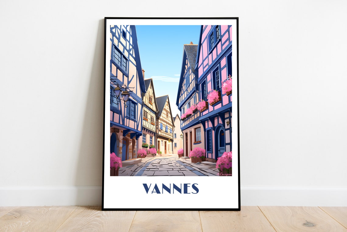 Vannes Brittany Half-Timbered Street Charming Vintage Travel Poster