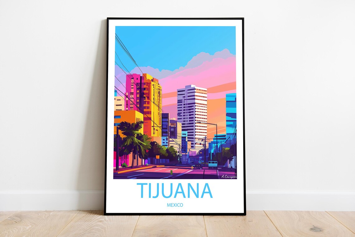 Tijuana Mexico Colorful City Street Sunset Pop Art Travel Poster