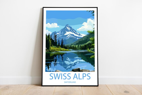 Handmade Swiss Alps Switzerland Poster Wall Art Modern Travel Framed Birthday Home Made Decor Gift Vector Illustration Print