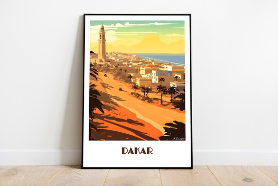 Dakar Senegal Africa Retro Coastal City Travel Poster Sunset
