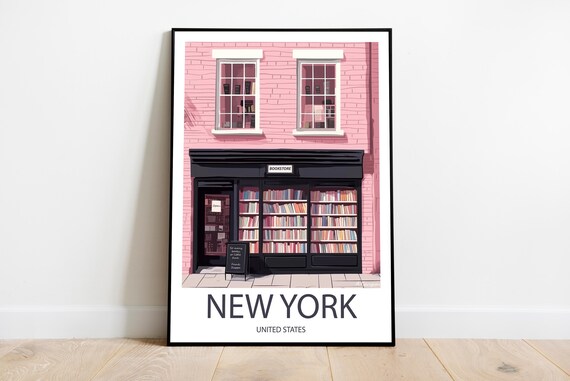 New York Bookstore United States Handmade Poster Wall Art Modern Travel Framed Home Made Decor Gift Illustration Print