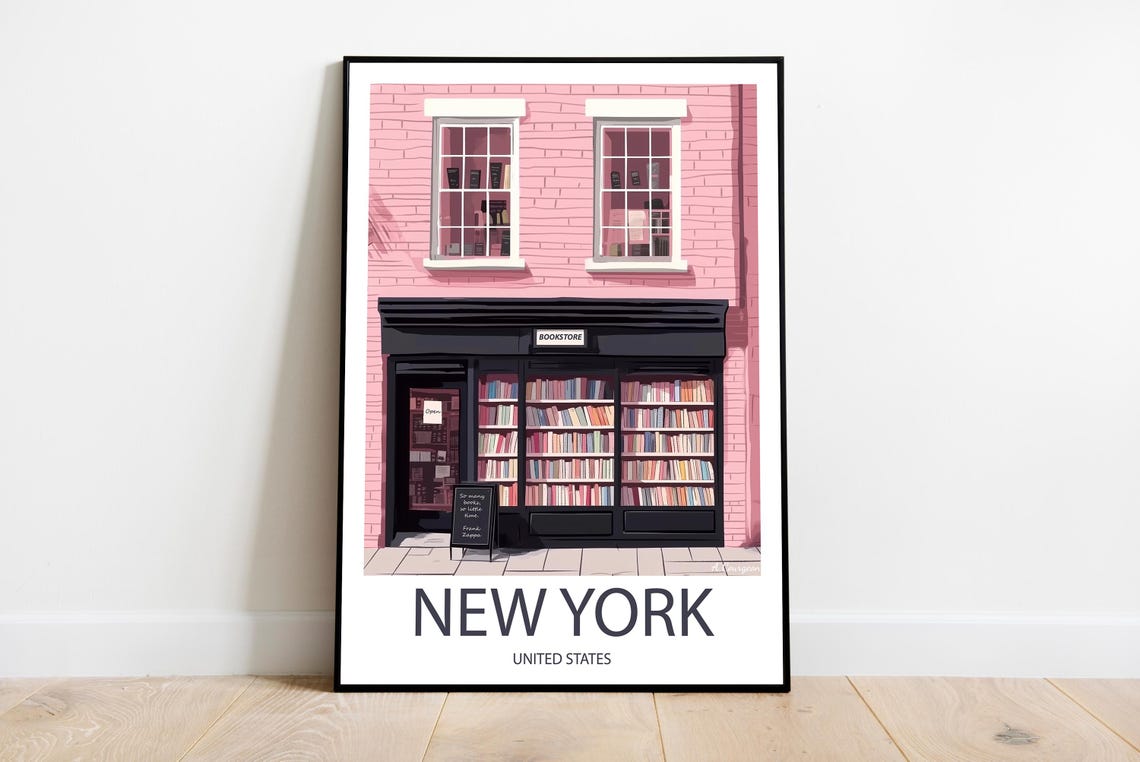 New York Pink Bookstore Storefront United States Travel Poster