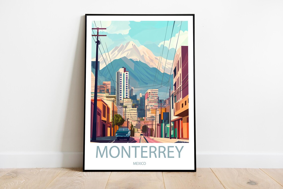 Monterrey Mexico City Street Mountain Vintage Travel Poster Decor
