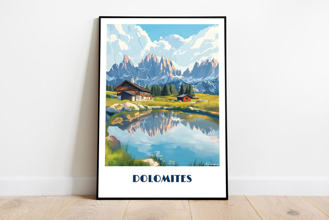 Handmade Dolomites Poster Wall Art Modern Travel Italy Decor Gift Illustration Print Painting Personalized Custom Text