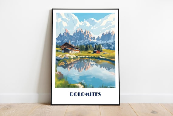 Dolomites Mountain Cabin Lake Reflection Alpine Travel Poster