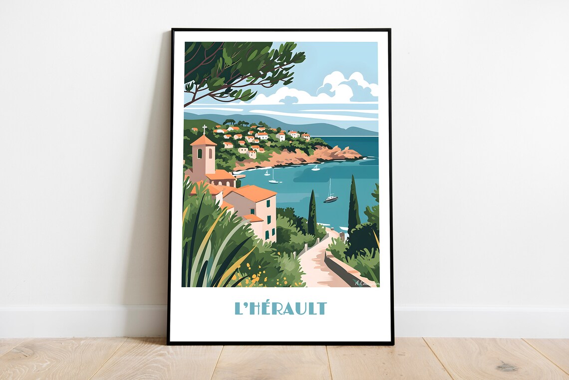 L'Hérault Coastal France Mediterranean Village Travel Poster