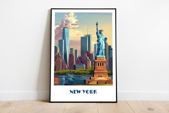 Statue of Liberty and Manhattan Skyline New York Travel Poster