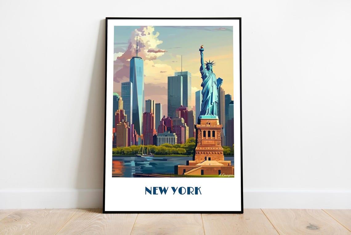 Statue of Liberty and Manhattan Skyline New York Travel Poster