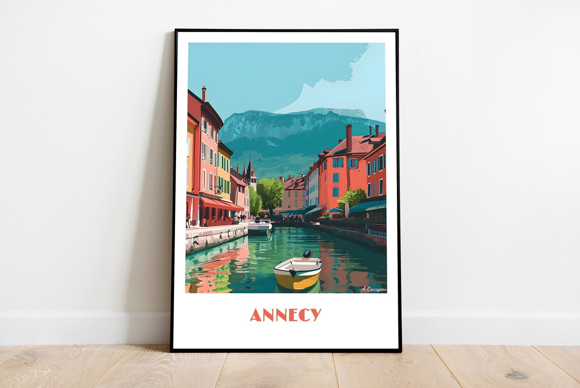 Annecy France Canal Boats Colorful Town Mountain Travel Poster