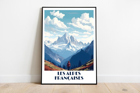Les Alpes Francaises Snowy Peaks Hiker Mountain Travel Poster