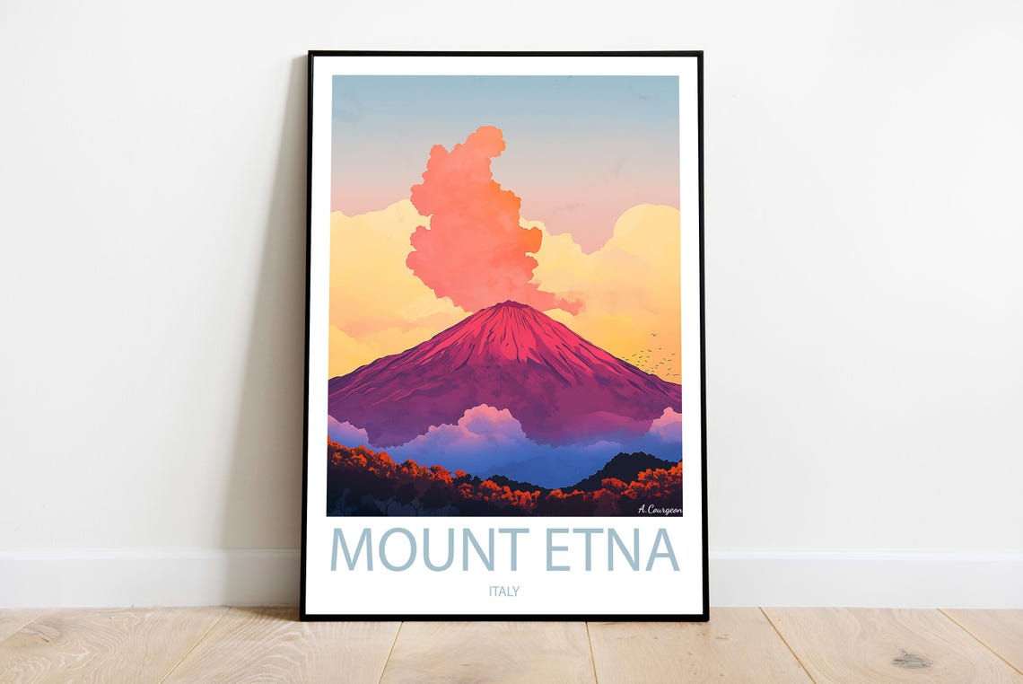 Mount Etna Italy Erupting Volcano Sunset Sky Landscape Poster