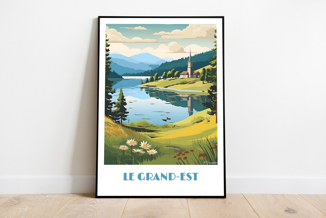 Le Grand-Est France Retro Lake Church Meadow Mountain Travel Poster