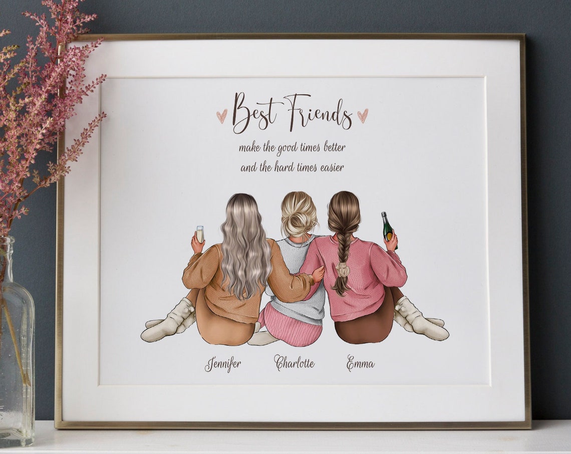 Best Friends Personalized Print Custom 3 Friend Prints Three Best Friends Gift Picture Sisters Illustration Bff Custom Gift