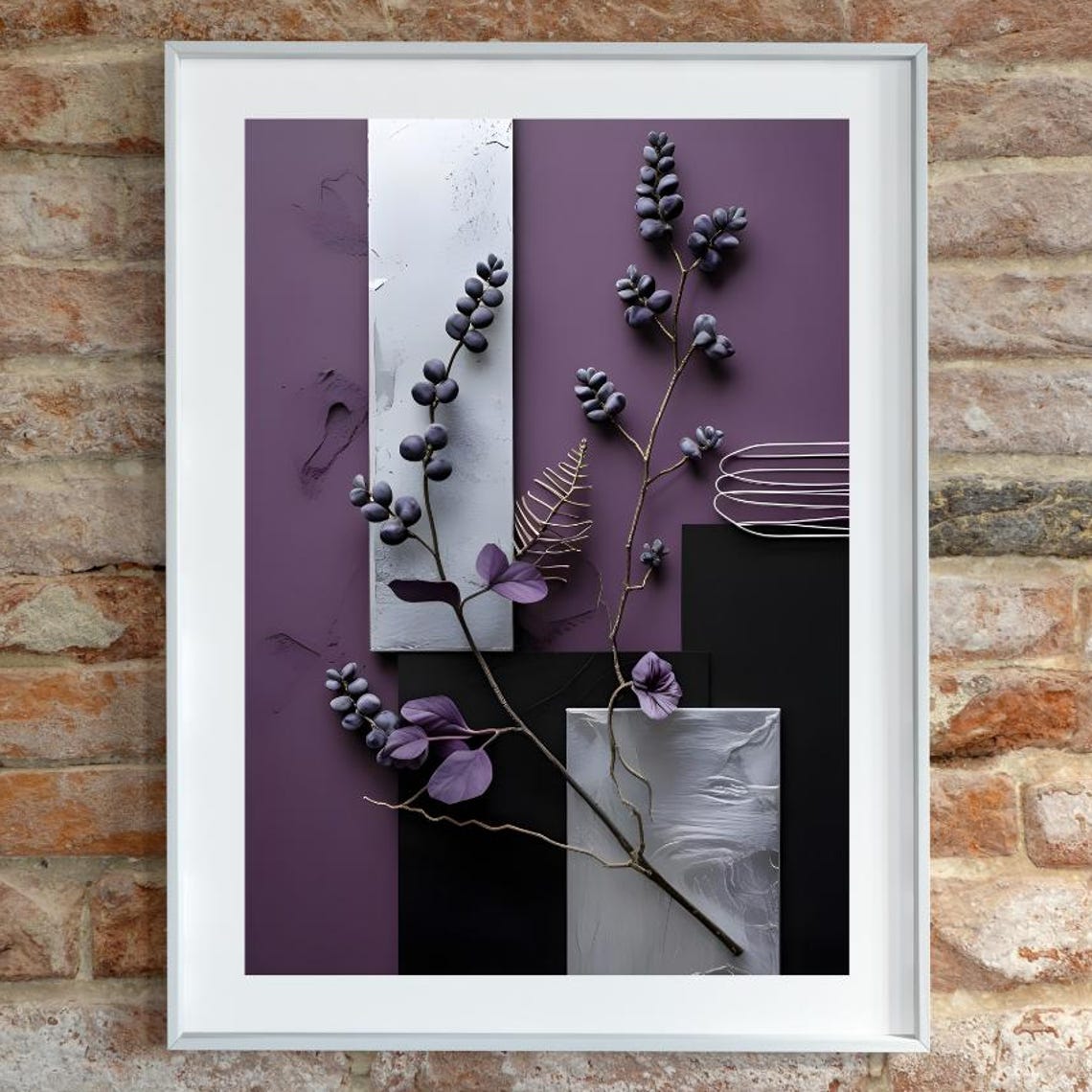 Purple Silver Black Berry Branch Geometric Abstract Art Poster