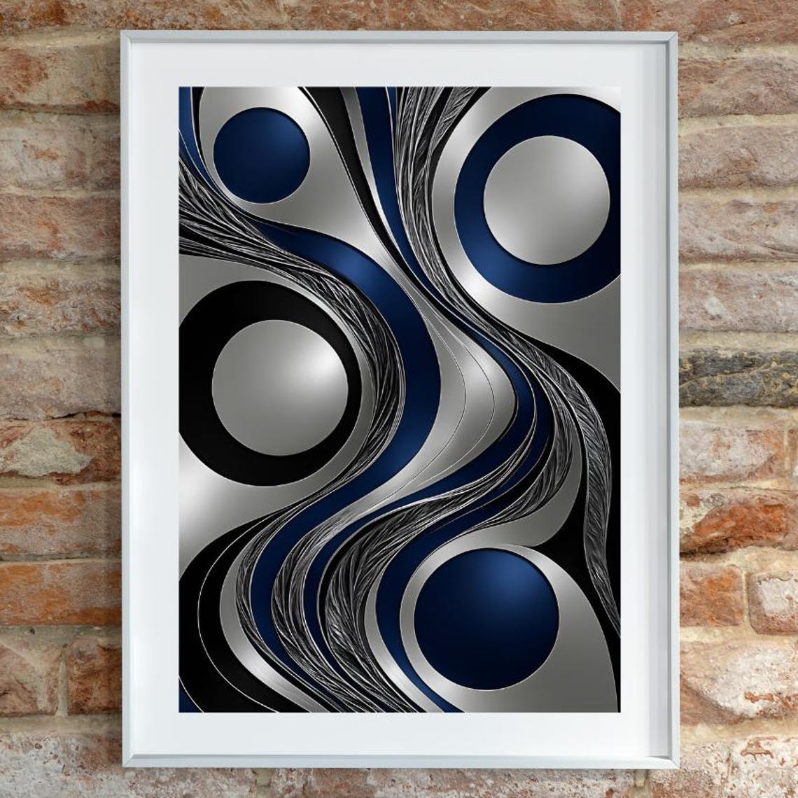 Navy Blue Silver Metallic Swirl Abstract Poster Modern Geometric Art