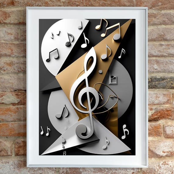 Modern Abstract Music Notes Poster Midcentury Wall Art Bold Geometric Shapes And Musical Symbols Gold Silver Artwork Jazzinspired Decor
