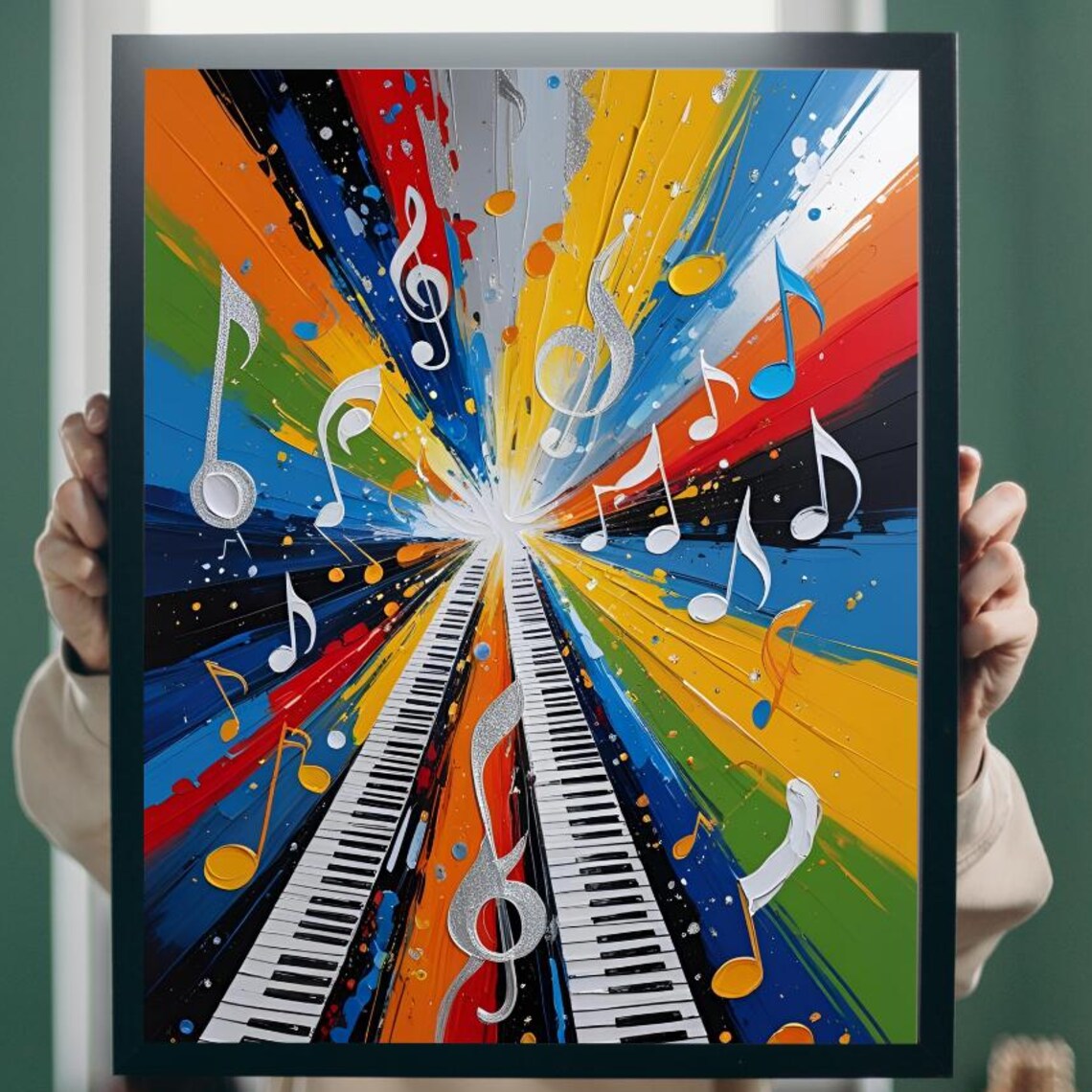 Grand Piano Keys Vanishing into Rainbow Paint Splash Art Poster