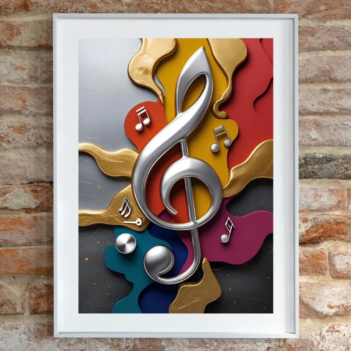 Metallic Treble Clef on Vibrant Red Gold Swirl Shapes Art Poster
