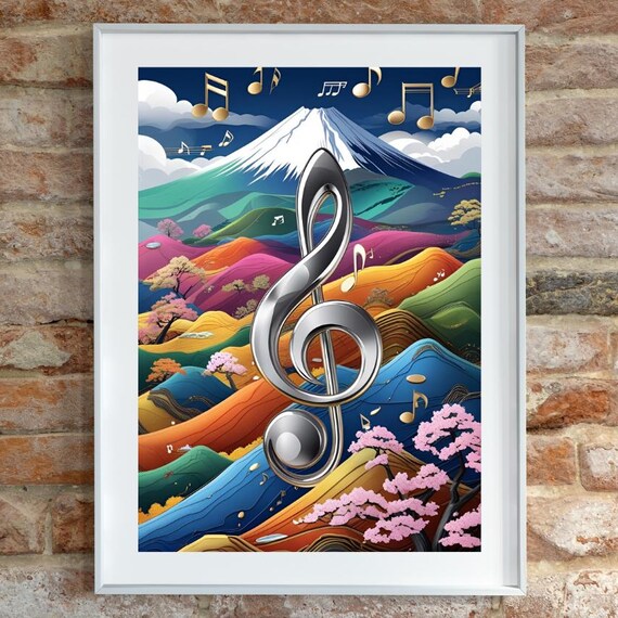 Modern Abstract Music Notes Poster Midcentury Wall Art With Bold Background Mountains And Musical Symbols Jazzinspired Artwork Decor